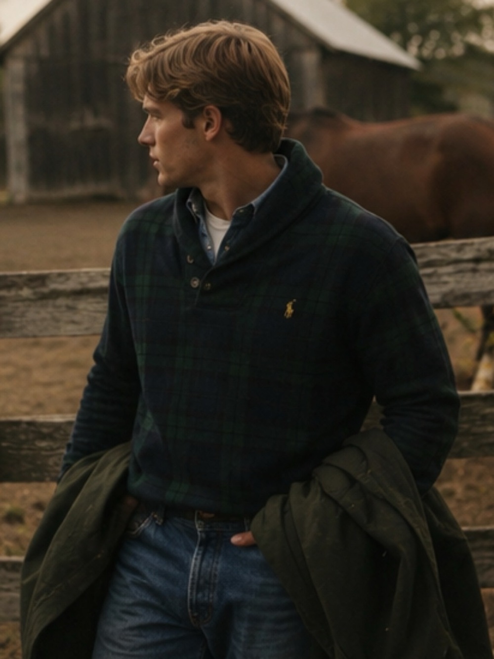 Polo Ralph Lauren Green & Navy Plaid Shawl-Collar Pullover